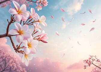 Pink Plumeria Blossoms in Gentle Breeze Against a Pastel Sunset Sky