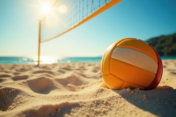 Sun-drenched sand volleyball court, net in focus, healthy, relaxation, arena