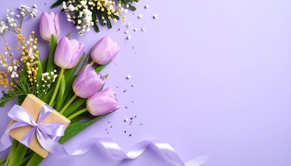 Pastel Spring Flowers  Gift Box on Lilac Festive Floral Background.