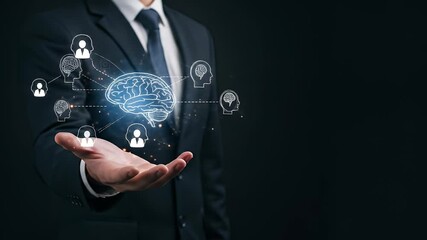Elegant Businessman in Dark Suit Presenting Glowing Ai Brain with Network Connections Against a Dark Backdrop with Subtle Lighting for Digital Design - Powered by Adobe