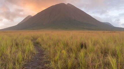 Fototapeta premium Misty mountains rise over grassy field