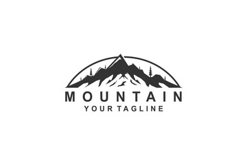 Outdoor Mountain Logo - circle emblem for mountain climbing, nature hiking basecamp, pine tree forest, nature adventure badge