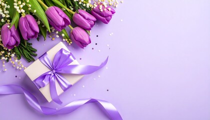 Purple tulips and gift box with ribbon on lavender background with top view.