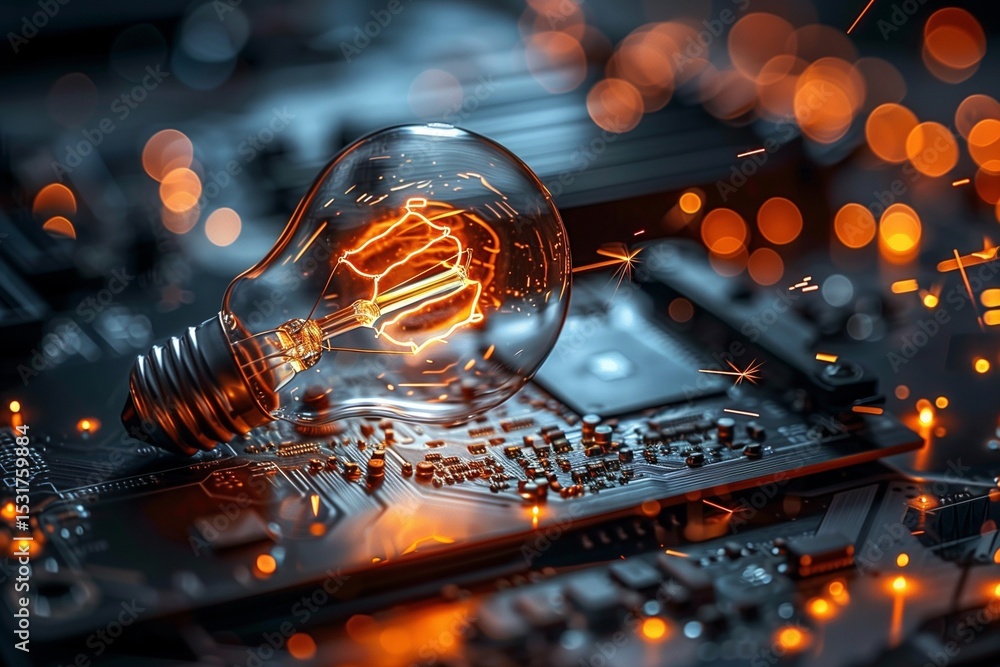 Poster illuminated circuit: a light bulb symbolizing innovation on a microchip board