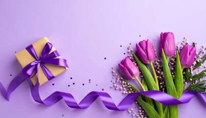 Purple Tulips and Gift Box with Ribbon on Purple Background for Celebrations.