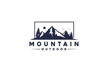 Outdoor Mountain Logo - circle emblem for mountain climbing, nature hiking basecamp, pine tree forest, nature adventure badge