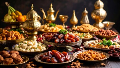 Ramadan Iftar Feast Dates with nuts, and and Middle Eastern delicacies on a table.