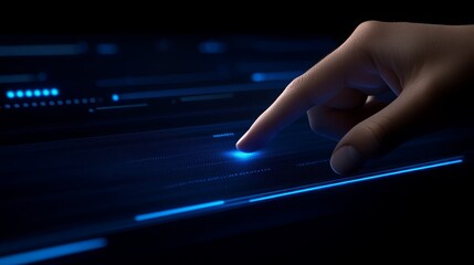 Fingertip touching a futuristic glowing screen interface digital technology innovation