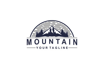 Outdoor Mountain Logo - circle emblem for mountain climbing, nature hiking basecamp, pine tree forest, nature adventure badge