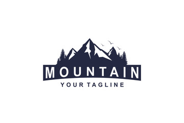Outdoor Mountain Logo - circle emblem for mountain climbing, nature hiking basecamp, pine tree forest, nature adventure badge