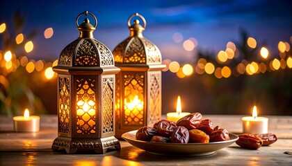 Ramadan Kareem Glowing Lanterns with Dates  Candles under Bokeh Lights Night Festive Spirit.