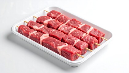 Raw Beef Skewers Ready for Grilling on White Tray with Isolated Studio Shot.