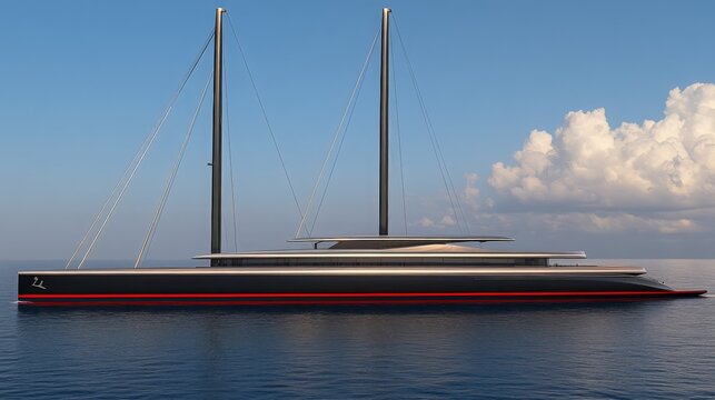 Sleek Black Luxury Sailing Yacht at Sea under Cloudy Sky