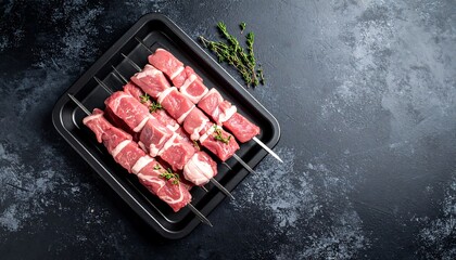 Raw Skewered Lamb Kebabs on Tray with Ready for Grilling, Dark Background, and Overhead.