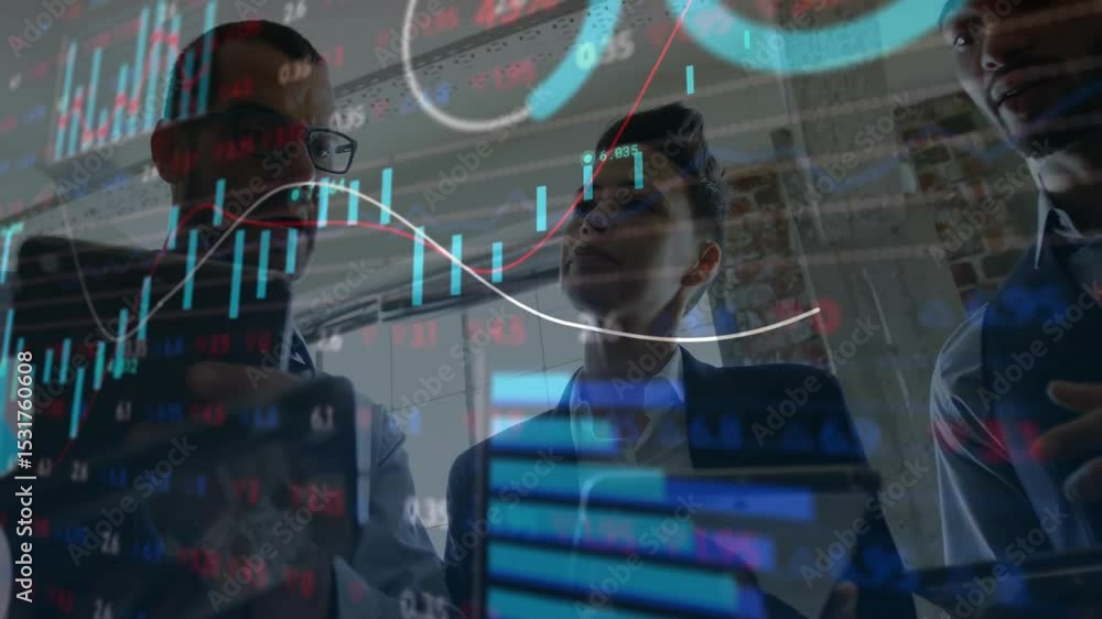 Poster group analyzing finance, man swiping phone causing animated charts overlaying transparent screen