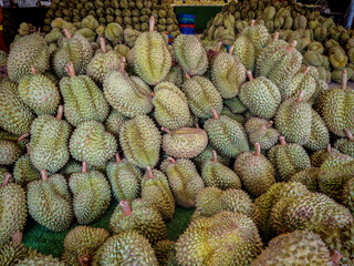 A market scene featuring a large pile of freshly harvested durians stacked for sale in a Thai fruit market. 
