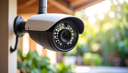 Security camera with CCTV, surveillance system, monitoring home or business, and technology.