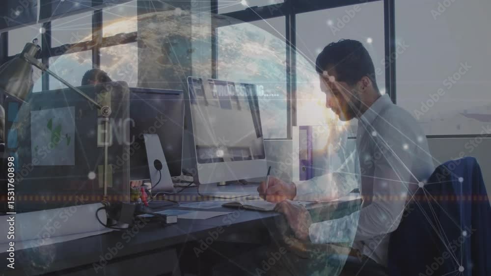 Poster man tapping and writing notes in tech office while globe pulsing nodes indicating encrypted data
