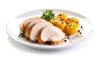 Sliced Roasted Turkey Breast  Potatoes on Plate with White Background, and Food Concept.
