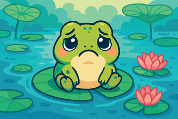 sad baby frog on a lotus leaf in a pond