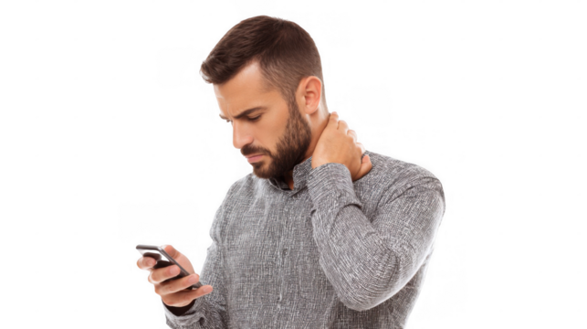 Bearded manager in a grey shirt experiencing neck pain while looking at his smartphone against a transparent background, highlighting the stress of modern technology in the workplace