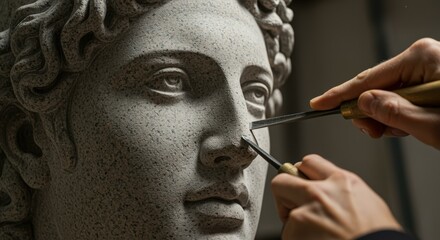 Granite Face Sculpture in Progress Detailed carving of classical features, artistic creation, stone artistry, sculpting process, artistry
