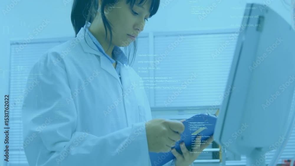 Poster lab technician tapping clipboard with pen and annotating notes on bench for verifying screen data
