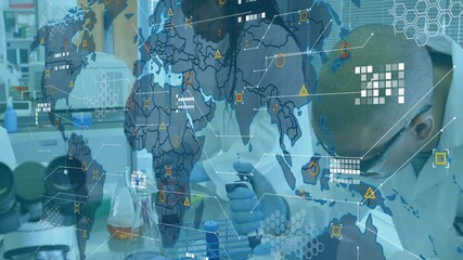 On start scientists handling pipette and tubes in medical lab with map overlay showing global data - Powered by Adobe