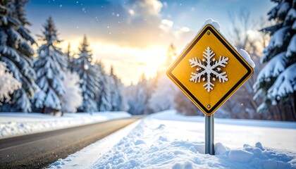 Winter Road Warning Sign  Snowy Driveway with SnowCovered Trees and a Sunset.