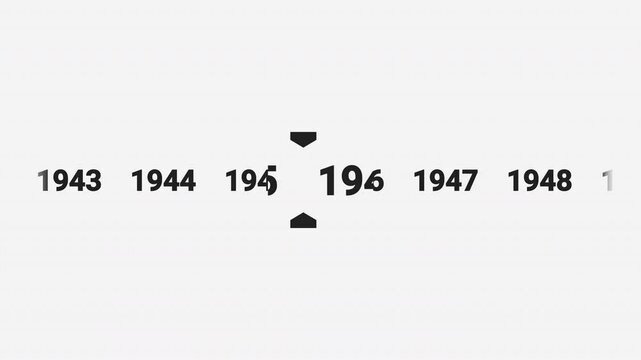 Horizontal timeline animation scrolling smoothly to the year 1945. Ideal for history documentaries, educational videos, or year-based content.