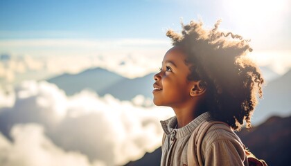 Young child looking at sky with hope and joy Adventure in mountains Sunlight.