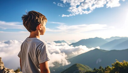 Young Boy Gazing at Mountain Scenery Above Clouds Summer Adventures  Nature.