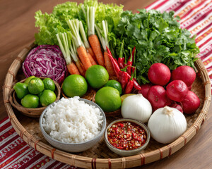 Fresh vegetables and herbs arranged in woven basket including lettuce carrots red cabbage cilantro and various chilies. Accompanied by rice lime and sauces creating vibrant and healthy meal
