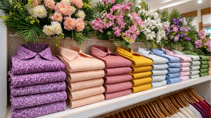 Stylish shirts arranged neatly on display, showcasing variety of colors and patterns, surrounded by vibrant floral decorations, creating cheerful shopping atmosphere