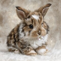Adorable Baby Bunny Rabbit Blowing Soap Bubbles  High Resolution Image