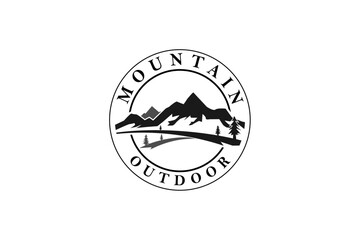 Outdoor Mountain Logo - circle emblem for mountain climbing, nature hiking basecamp, pine tree forest, nature adventure badge