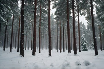 Fototapeta premium Serene Snowy Forest with Tall Pine Trees and Misty Atmosphere