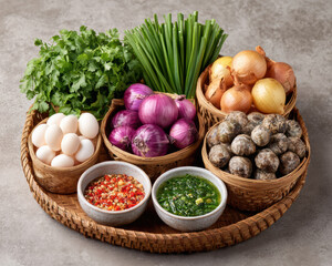 Fresh vegetables and ingredients arranged in woven basket, featuring eggs, herbs, and sauces. vibrant colors and textures create inviting atmosphere for cooking