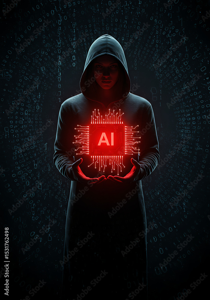 Aufkleber ai digital intrusion: a hooded figure in shadows cradles a glowing ai chip, encapsulating the enigma
