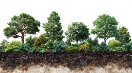 Cross section of lush forest ecosystem showcasing various trees, shrubs, and plants with visible roots beneath soil. vibrant greenery and diverse plant life create serene and natural environment