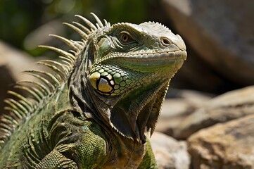 Close-up of a green iguana with spiny crest and detailed scales in natural sunlight

