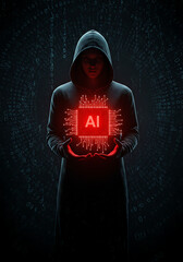 AI Digital Intrusion: A hooded figure in shadows cradles a glowing AI chip, encapsulating the enigmatic intersection of technology, security, and artificial intelligence.