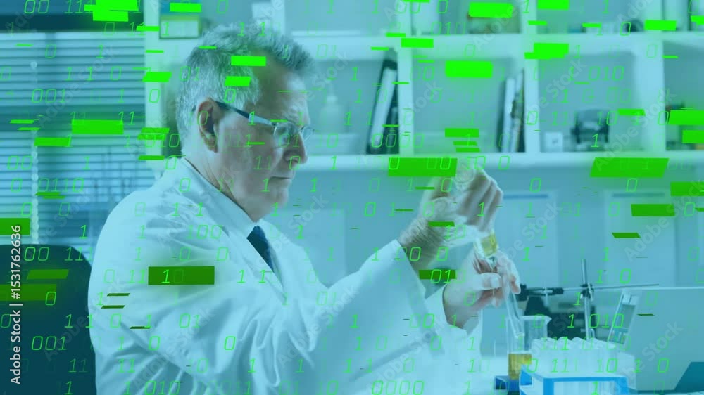 Poster senior scientist in lab attaching pipette tip drawing liquid and checking sample under code overlay