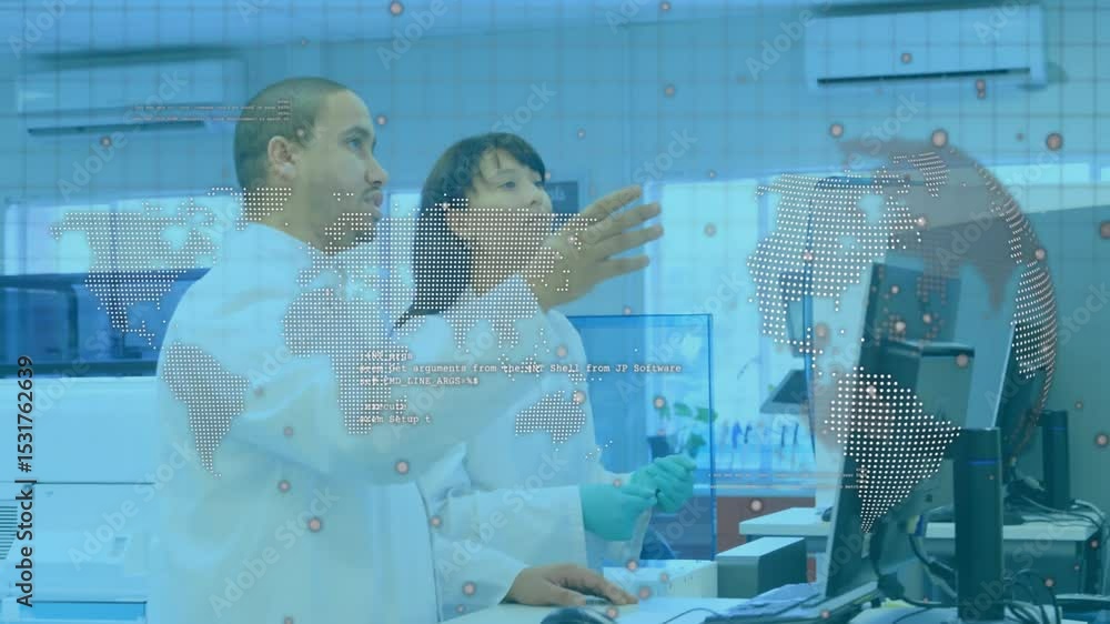 Poster lab colleagues lifting pipette for analysis and displaying data, man scrolling world map overlay