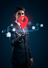 Location, Location, Real Estate: An elegant businessman is showcasing a digital concept of property location, emphasizing real estate prospects, with a backdrop of technological elements.