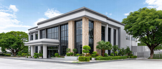 Modern commercial building with large glass windows, stone accents, and landscaped surroundings. structure features contemporary design, surrounded by greenery and clear blue sky, creating