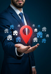 Navigating the Real Estate Landscape: A modern business professional holds a glowing map pointer with small house icons, symbolizing the direction and discovery of property location. 