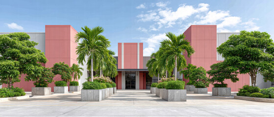 Modern building exterior with pink and white facade, surrounded by lush greenery and palm trees, creating vibrant and inviting atmosphere. clear blue sky enhances overall aesthetic appeal