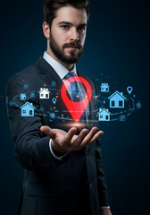 Digital Real Estate Visionary: A sharply dressed professional, in a modern suit, presents a glowing location marker and housing icons, symbolizing property and location with a tech-infused style.