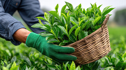 Harvesting fresh tea leaves, person wearing green gloves holds woven basket filled with vibrant green tea leaves. lush tea plantation in background adds to serene agricultural scene